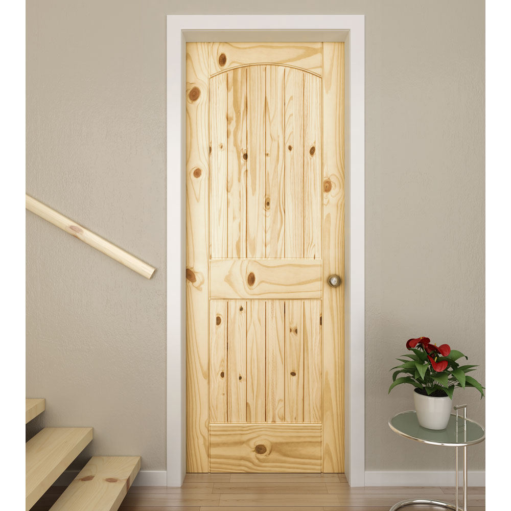 Colonial 2-Panel Arch Top V-Grooved with U-Groove Pine Wood Interior Door Slab - Knotty Pine