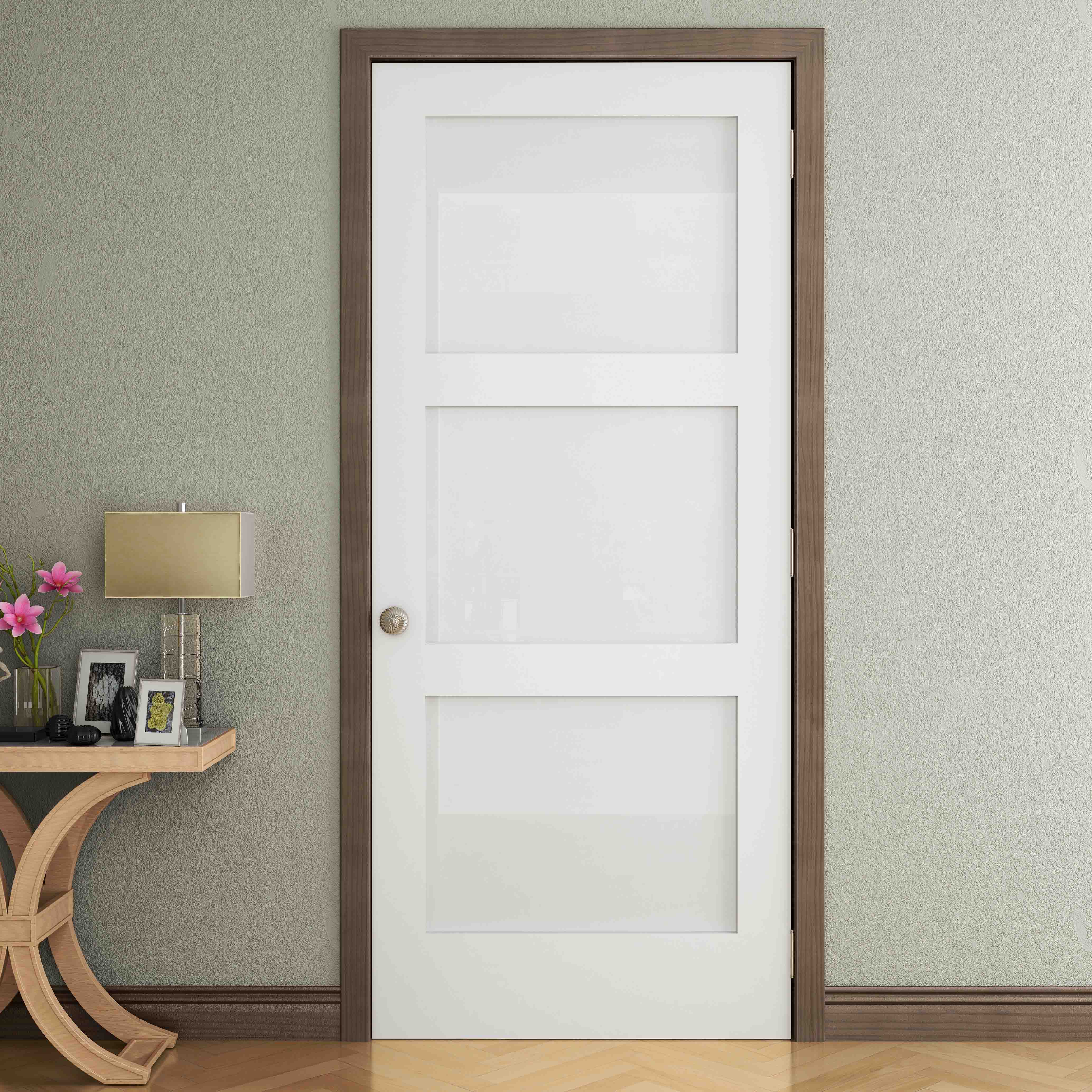 Shaker French 3-Lite Privacy Glass Pine Wood Interior Door Slab - Primed