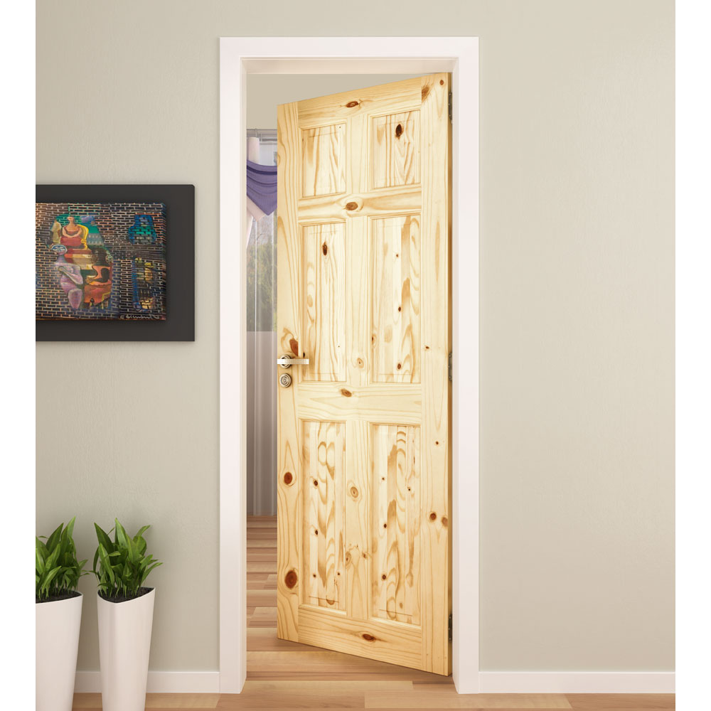 Colonial 6-Panel Pine Wood Interior Door Slab - Knotty Pine